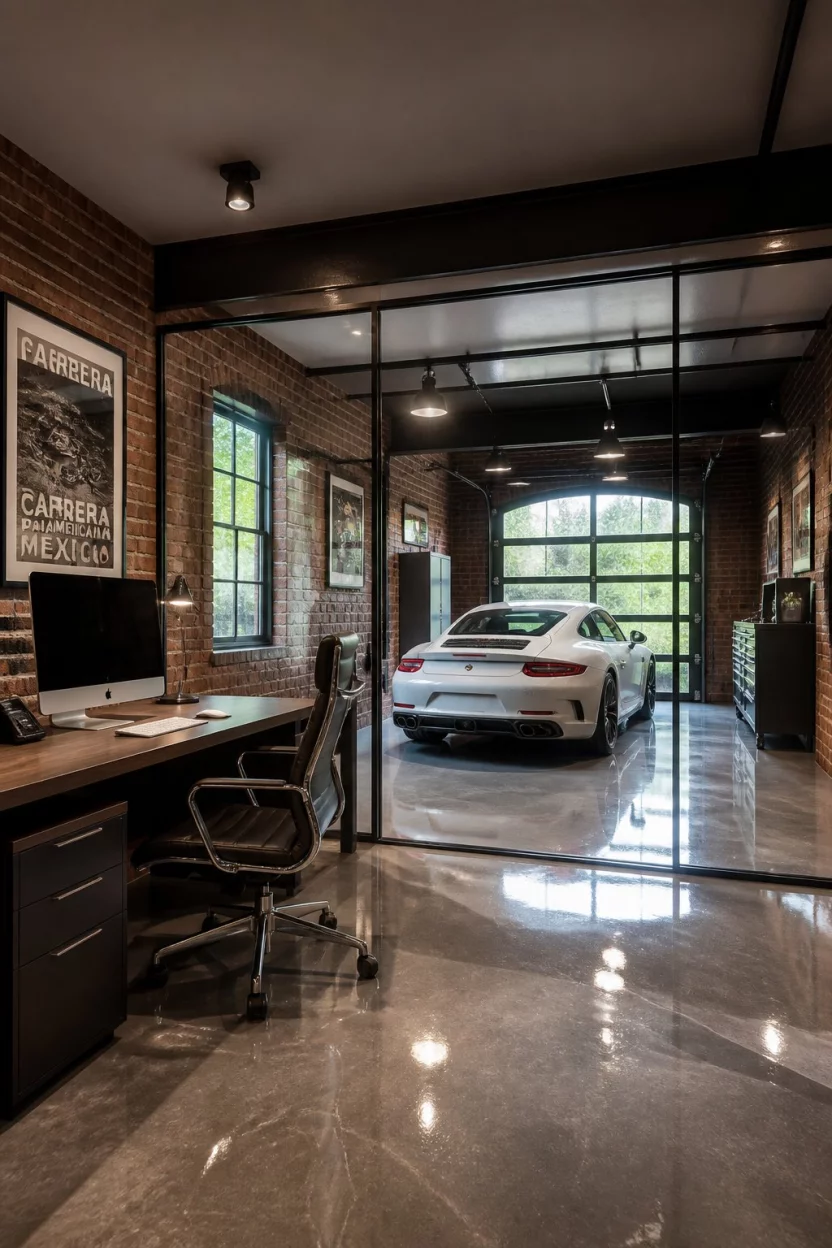 High End Luxury Lounge A realistic photo of a luxury garage featuring exposed brick walls, a polished epoxy floor, a glass wall divider, and a modern office desk with a computer and stylish chair overlooking a parked car.