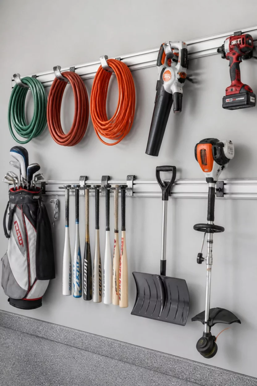 All Purpose Utility Wall A realistic photo of a garage wall storage system with horizontal tracks, featuring various garden hoses, a golf bag, baseball bats, and power tools all hanging securely on specialized metal hooks.