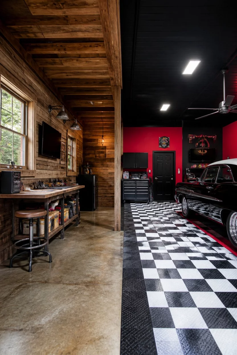 Rustic Wood Versus Modern Contrast A realistic photo of a split garage interior showing a rustic left side with horizontal reclaimed wood planks and a window, contrasted with a modern right side featuring black and red walls and a classic checkered floor.