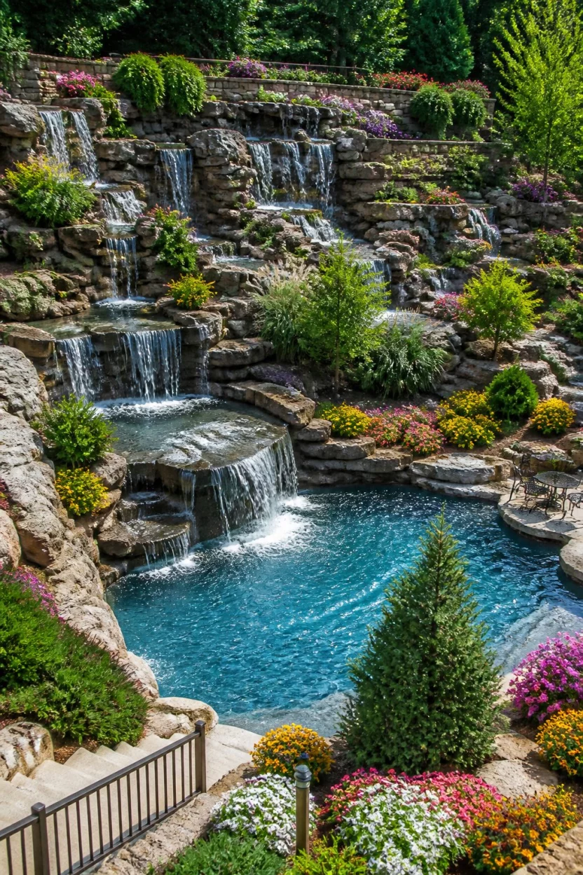 Stacked Rock Waterfall Wonderland A realistic photo of a garden featuring a massive tiered landscape with a large irregular pool surrounded by many stacked rock waterfalls and bright colorful floral plantings.