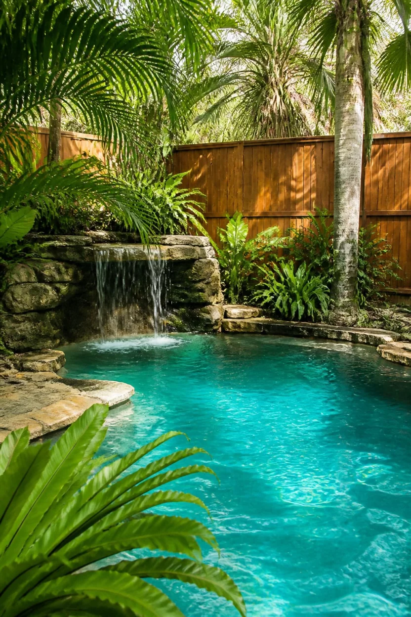 Secluded Forest Grotto A realistic photo of a garden showing a secluded pool area with bright turquoise water, dense tropical greenery, a tall wooden privacy fence, and a small stone waterfall.