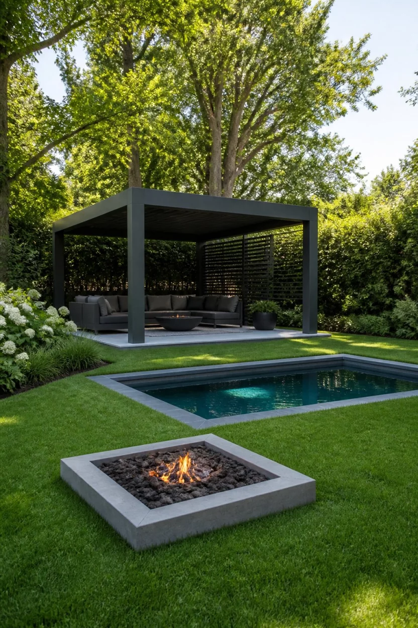 Modern Recessed Sophistication A realistic photo of a garden featuring a small recessed pool, a matching square fire pit, and a dark grey open sided gazebo situated on a perfectly manicured green lawn.