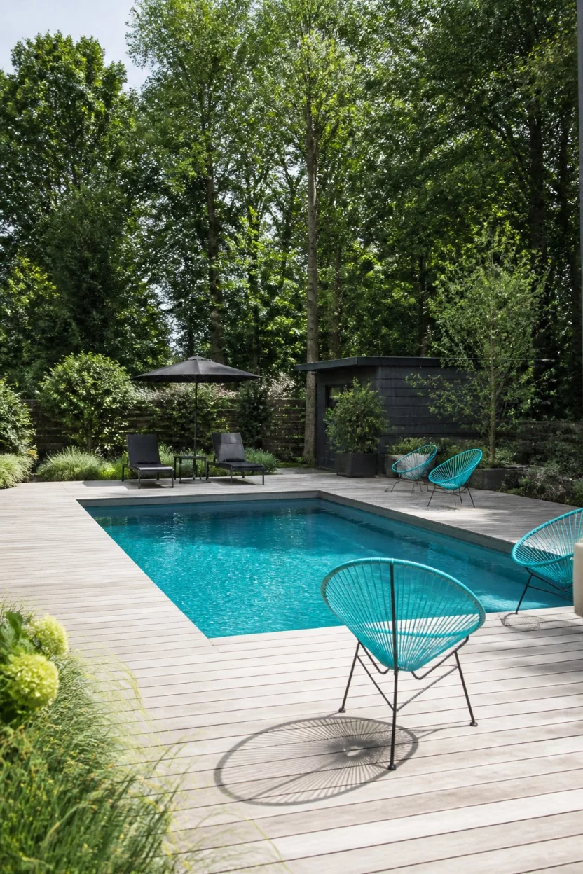 Vibrant Wood Deck Retreat A realistic photo of a garden featuring a rectangular pool surrounded by a wide light wood deck, bright turquoise outdoor chairs, and an abundance of natural leafy green trees and shrubs.