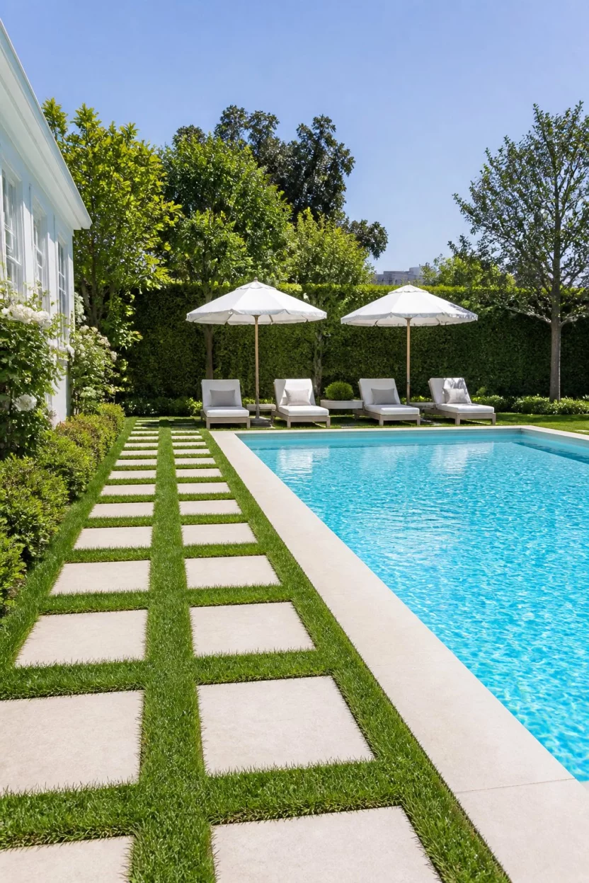 Checkered Lawn Luxury A realistic photo of a garden showing a bright swimming pool bordered by square stone tiles set into lush green grass with white lounge chairs under matching umbrellas.