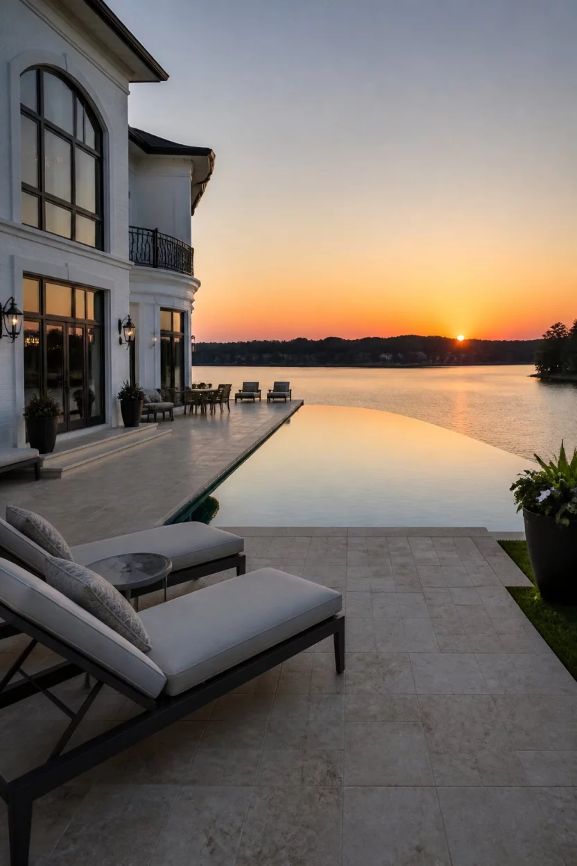 The Infinite Sunset Horizon A realistic photo of a patio with a large infinity edge pool that blends into a vast lake at sunset, set beside a grand white mansion with stone tiles and large glass windows.