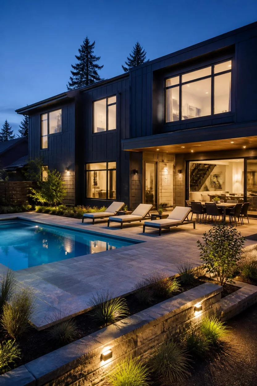 Modern Twilight Reflection A realistic photo of a patio at twilight featuring a rectangular pool and stone patio framed by a low retaining wall against a dark contemporary two story home.
