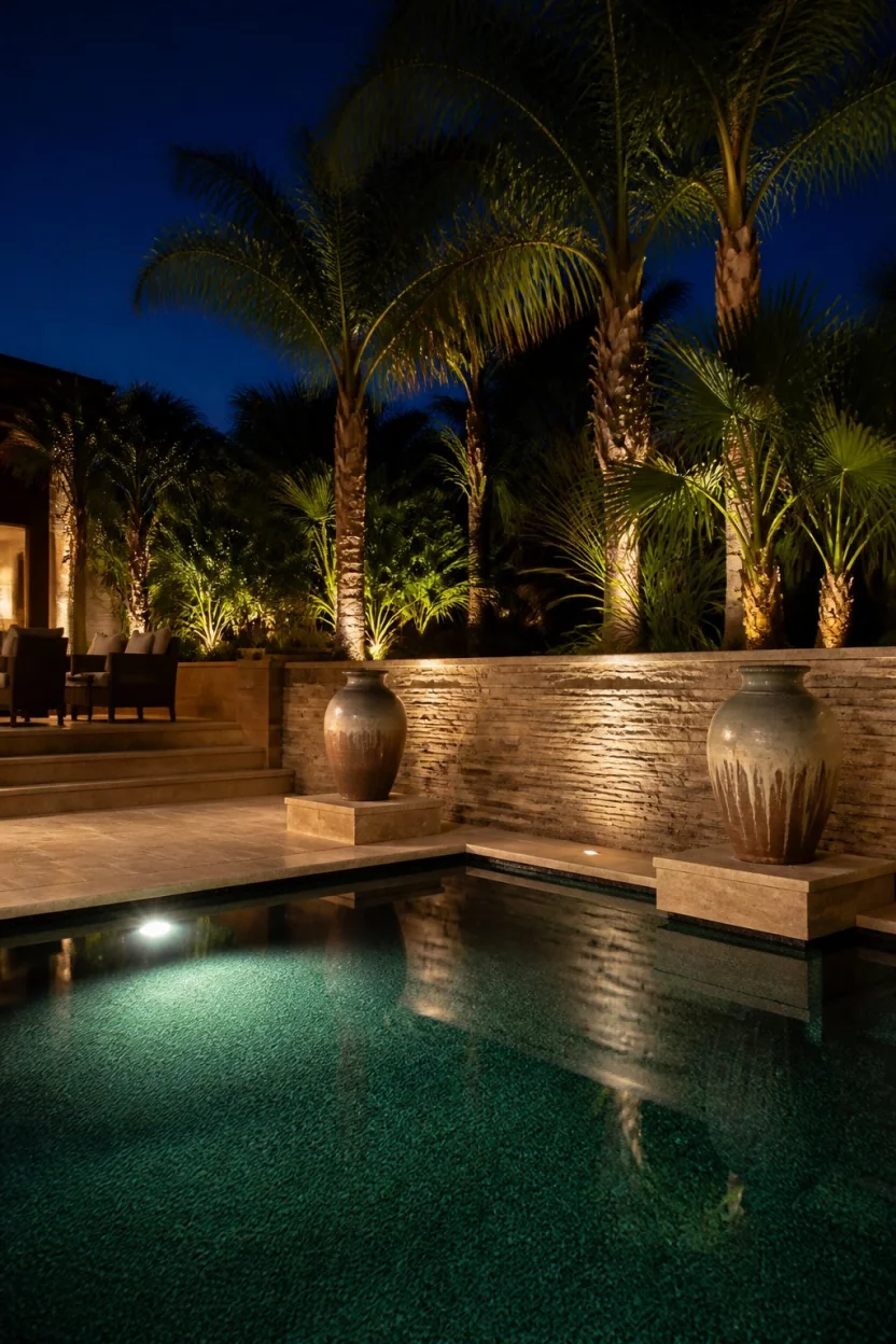 Midnight Tropical Elegance A realistic photo of a patio at night featuring a dark bottom swimming pool illuminated by soft glow lights, stacked stone walls, and large decorative ceramic urns nestled among tropical palm trees.