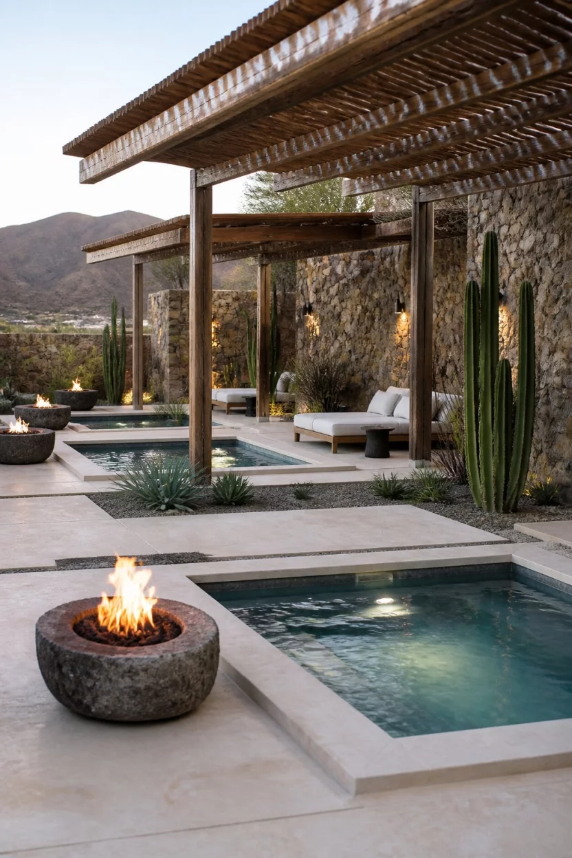 Compact Desert Minimalist A realistic photo of a patio featuring three small modern plunge pools with wooden pergolas, stone fire pits, and minimalist cactus landscaping against a clean architectural backdrop in a desert setting.