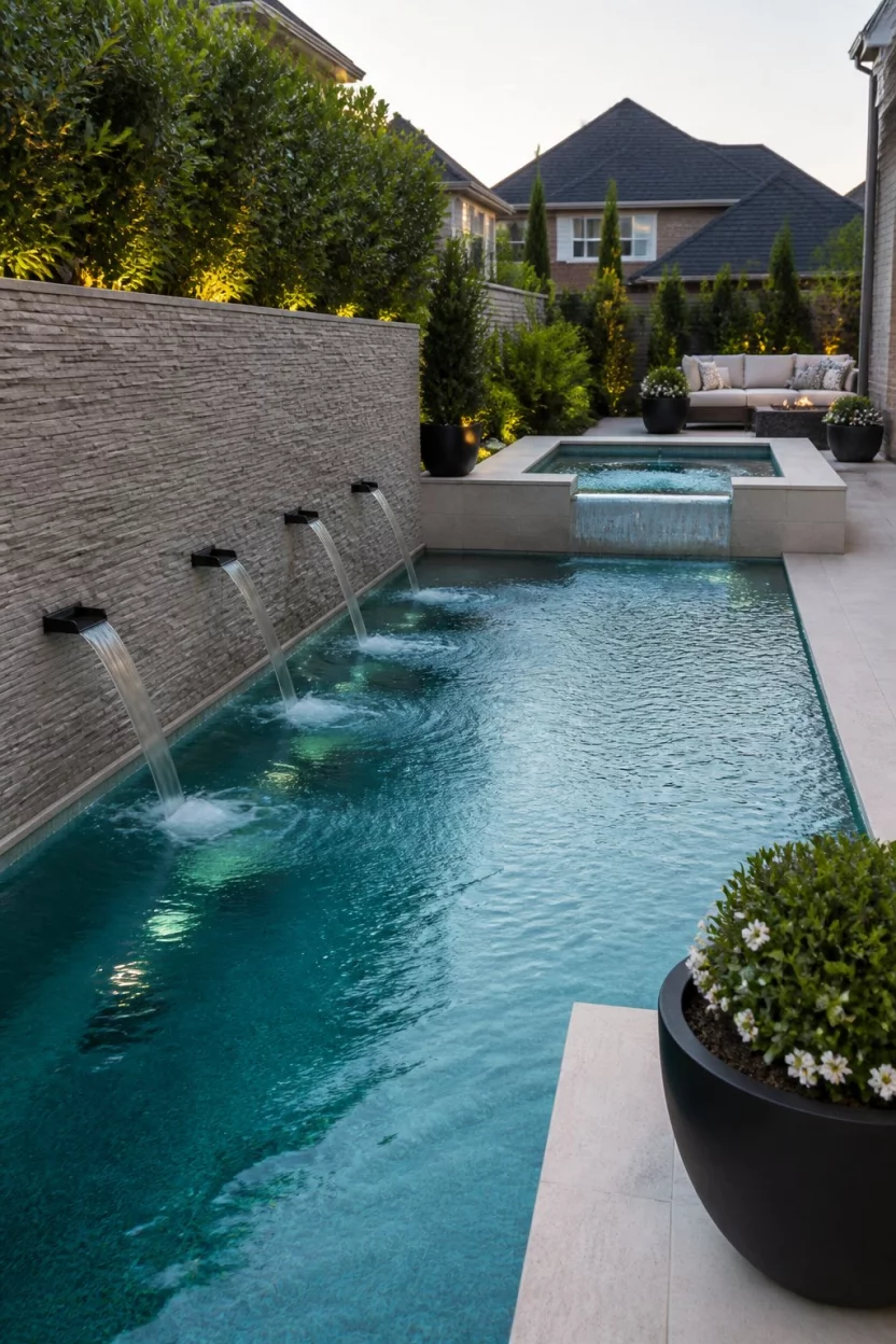 Stacked Stone Fountain Wall A realistic photo of a patio featuring a narrow modern pool with four water spouts shooting from a grey stone wall into the water and a separate raised spa area.