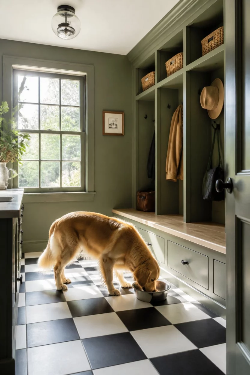 A realistic photo of a green-toned mudroom with black and white checkered floor tiles, a large window letting in sun, coat cubbies with hats, and a golden retriever eating from a silver bowl.
