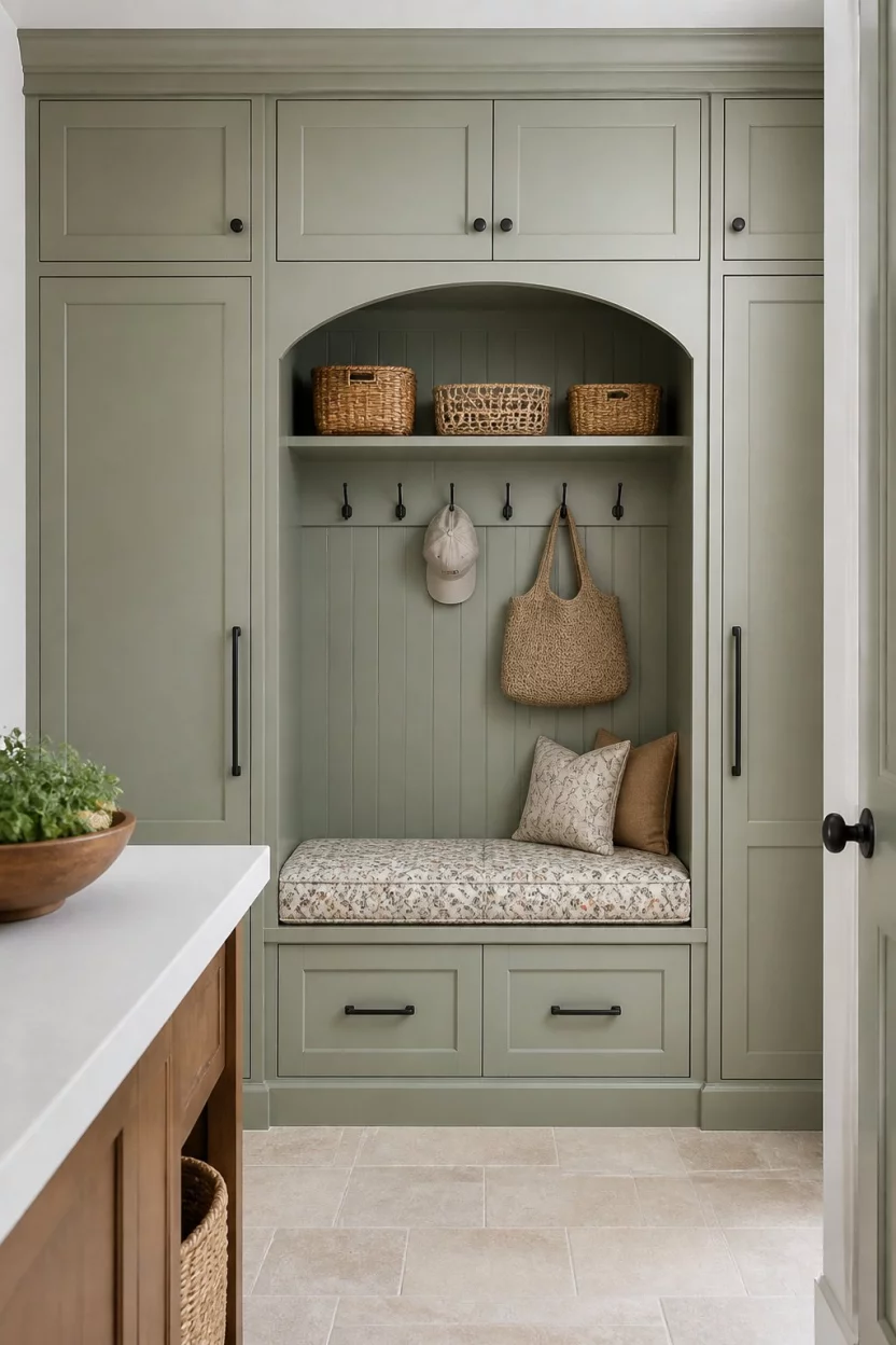 A realistic photo of tall sage green built-in cabinetry surrounding a central arched mudroom bench seat, featuring a patterned fabric cushion, black hooks, and decorative woven baskets for organizing small items.
