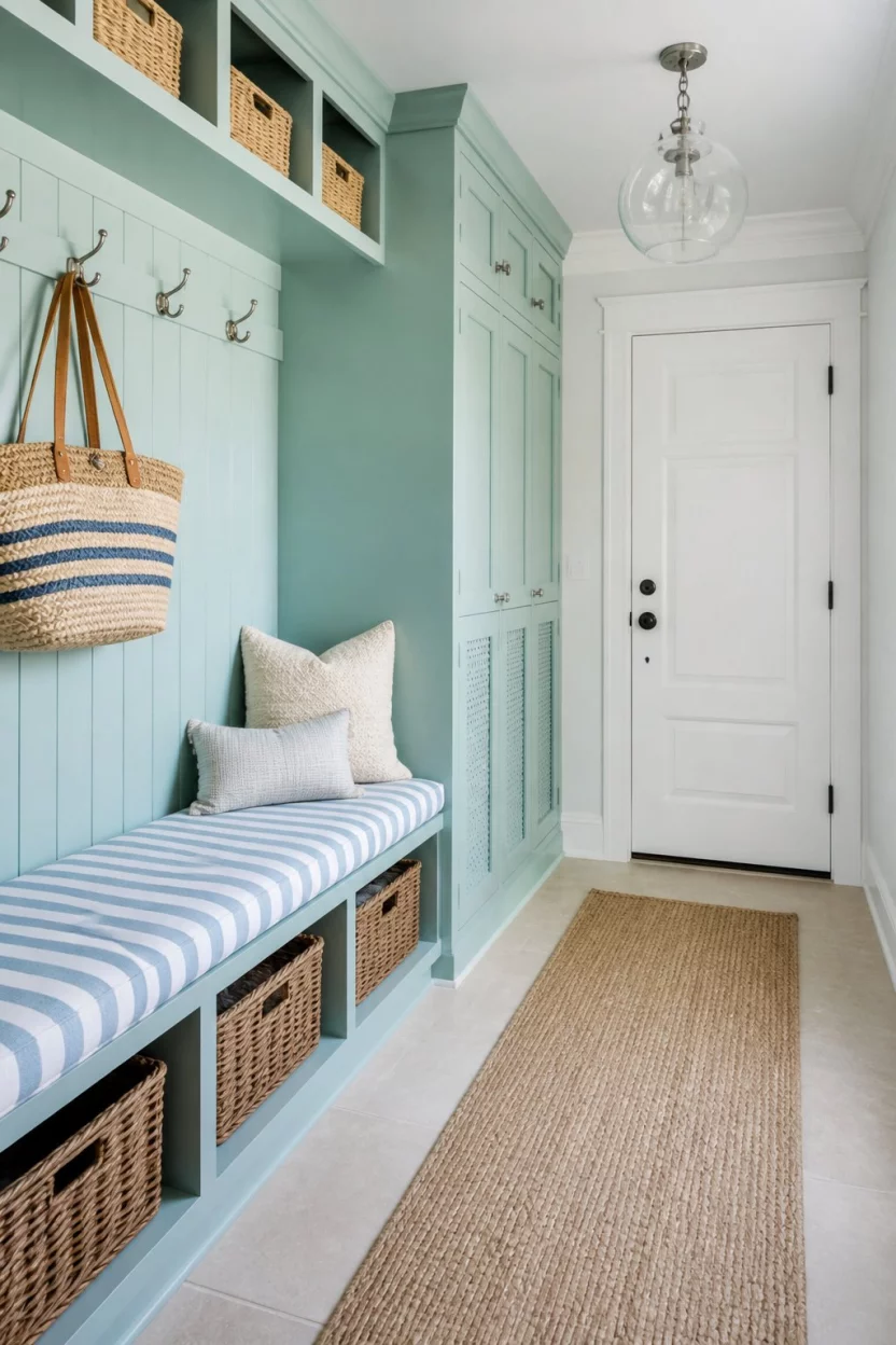 A realistic photo of a charming seafoam green mudroom with extensive custom cabinetry, a blue and white striped bench cushion, wicker baskets below, and a clean white door.