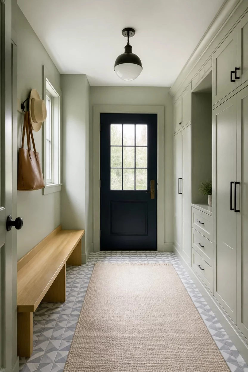 A realistic photo of a serene pale sage mudroom with tall laundry-style closets, a simple wood bench, a dark navy door, and geometric patterned floor tiles under a light neutral area rug.