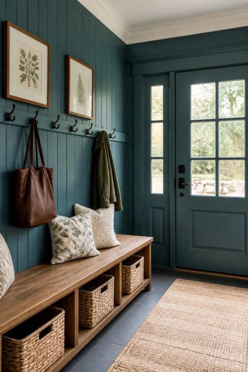A realistic photo of a bright mudroom with teal beadboard paneling on the walls, a sturdy wooden bench with baskets, patterned throw pillows, framed botanical art, and a matching multi-paneled front door.
