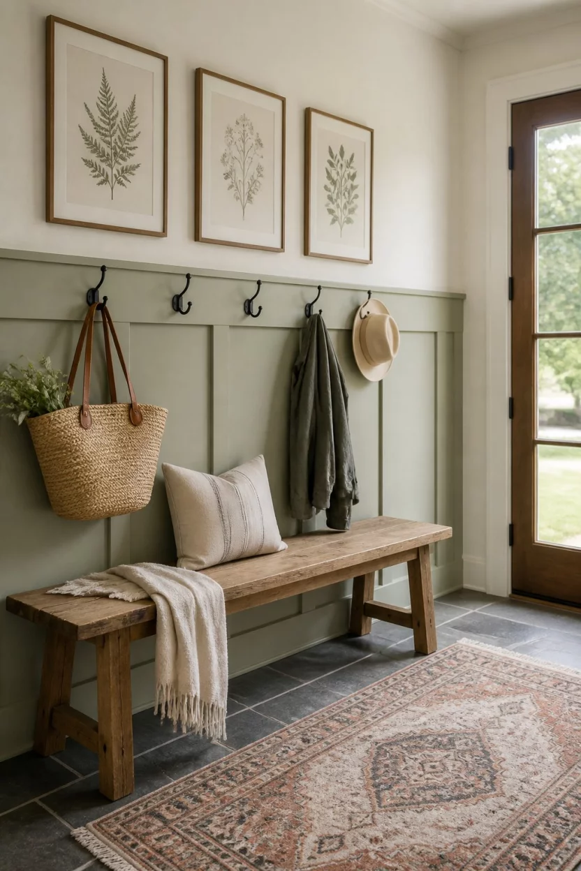 A realistic photo of a welcoming entryway with light green wainscoting, three framed nature prints hanging above black coat hooks, a rustic wooden bench, and a patterned rug on stone tile flooring.