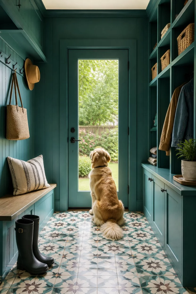 A realistic photo of a vibrant teal mudroom with a striking flower-patterned tile floor, built-in shelving units, and a golden retriever dog looking out the glass backdoor toward a green garden.