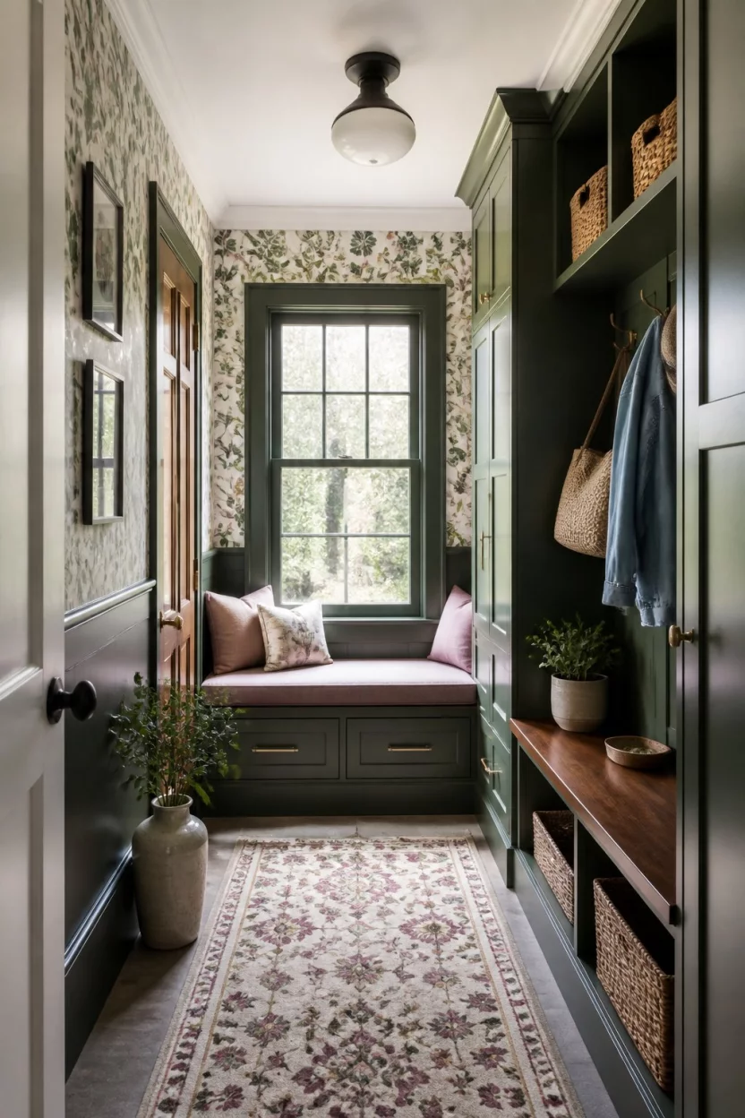 A realistic photo of a narrow mudroom with dark green built-ins, a matching window seat featuring mauve cushions, a floral patterned rug, and botanical-themed wallpaper on the upper walls.