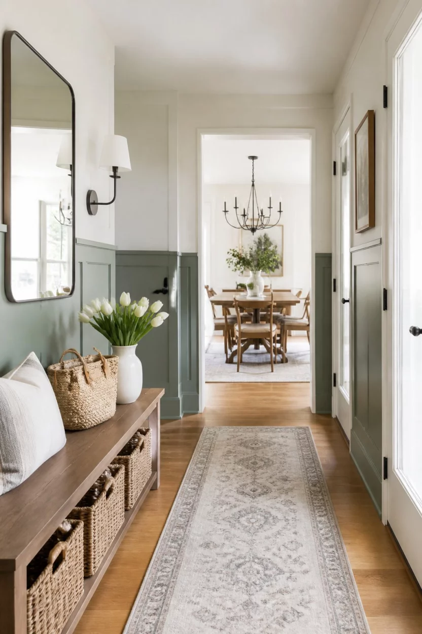 A realistic photo of a bright entry hall with sage green wainscoting, a long wooden bench with wicker storage baskets, white tulips in a vase, and a clear view into a formal dining area.