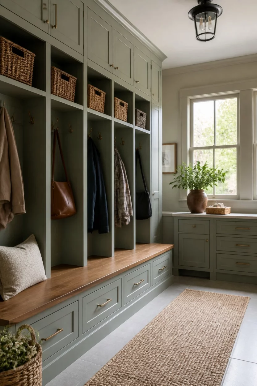 A realistic photo of a light sage-green mudroom with many built-in storage units, a wooden bench containing lower drawers, woven baskets tucked into open cubbies, and soft natural light.