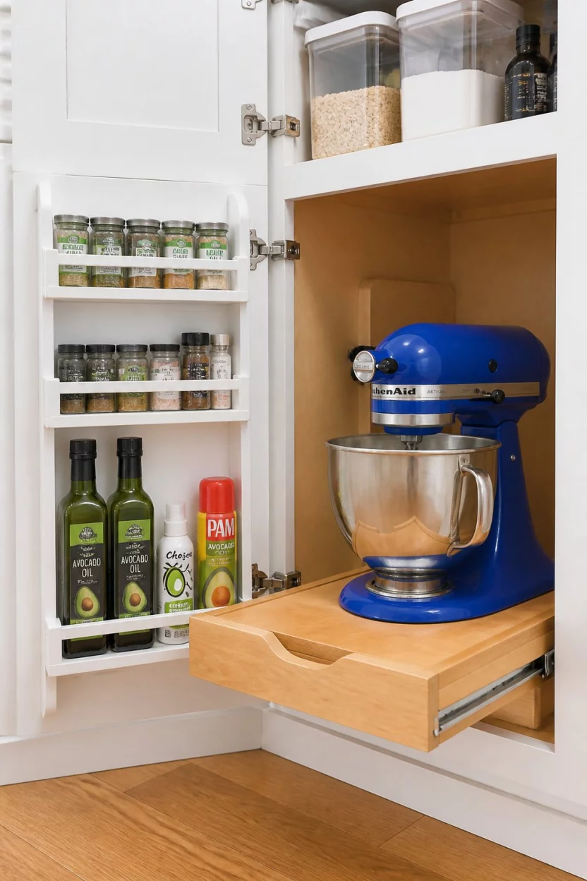 Integrate A Pull Out Stand Mixer Drawer A realistic photo of a white kitchen cabinet interior with door mounted spice racks holding oils and sprays, while a large blue stand mixer sits on a heavy duty pull-out wooden drawer for easy access.
