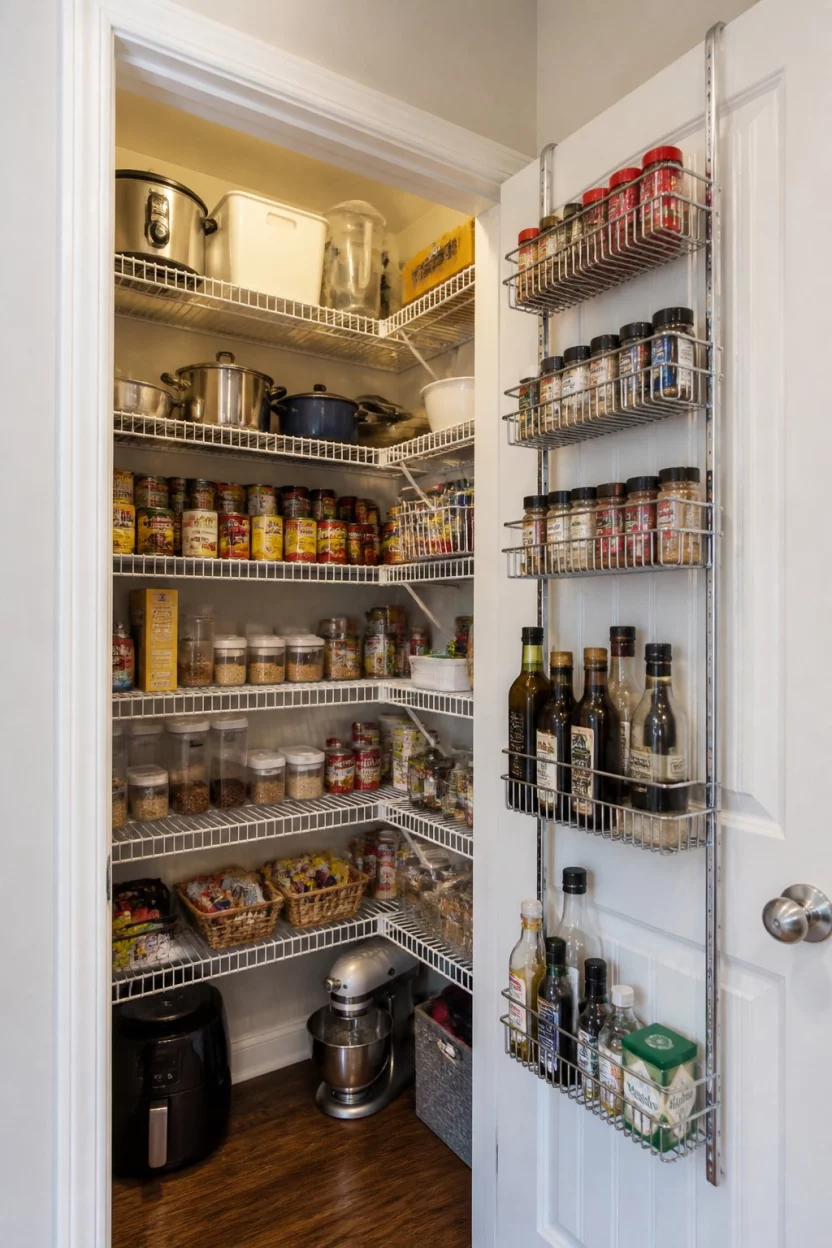 Install Hanging Door Racks For Extra Space A realistic photo of a full pantry with white wire shelves holding pots and canned goods, while a metal rack hangs on the inside of the door to store spices and small bottles.