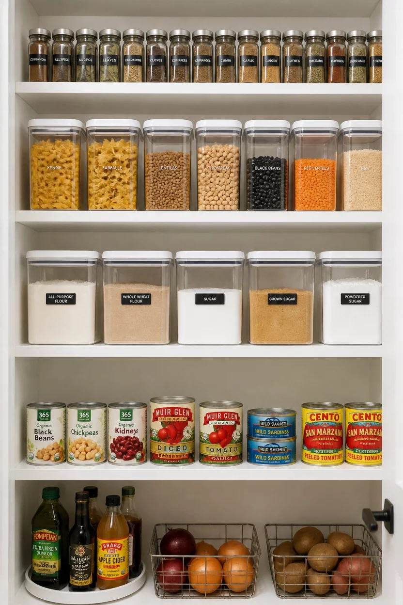 Master The Art Of Clear Container Storage A realistic photo of a kitchen pantry where white shelves hold uniform clear airtight containers filled with colorful pasta, lentils, flour, and sugar, accompanied by neatly stacked canned goods and a row of matching spice jars on the upper levels.
