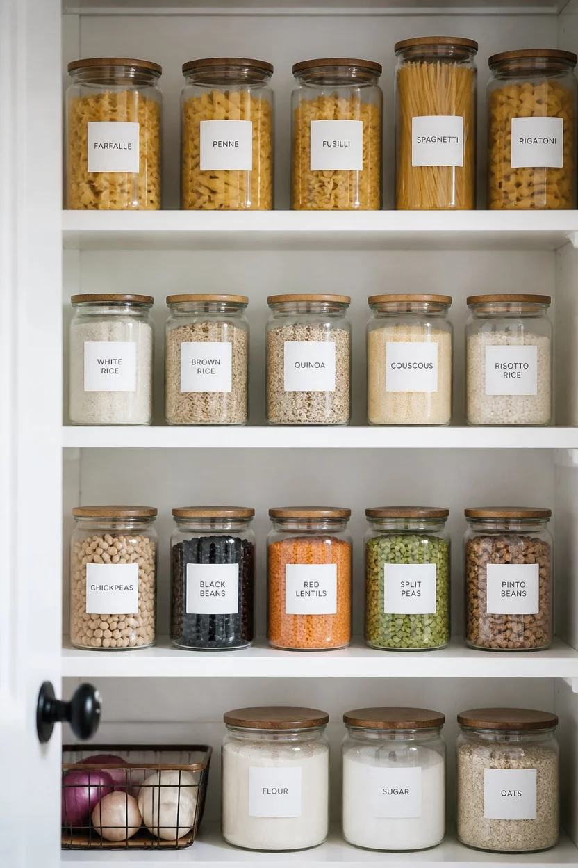 Display Dry Goods In Uniform Labeled Jars A realistic photo of a kitchen pantry with clean white shelves displaying an array of clear glass jars filled with dry pasta, rice, and beans, each featuring a minimalist white label with black text for a cohesive and organized appearance.