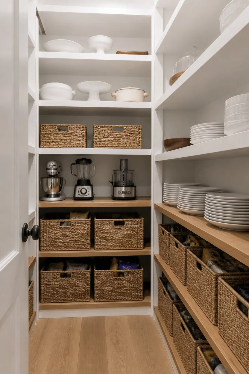 Incorporate Woven Baskets For Aesthetic Texture A realistic photo of a deep walk-in pantry with expansive white shelving displaying stacks of white ceramic plates and small kitchen appliances, alongside several large matching woven baskets that neatly hide assorted bags and loose items on the lower wooden shelves.