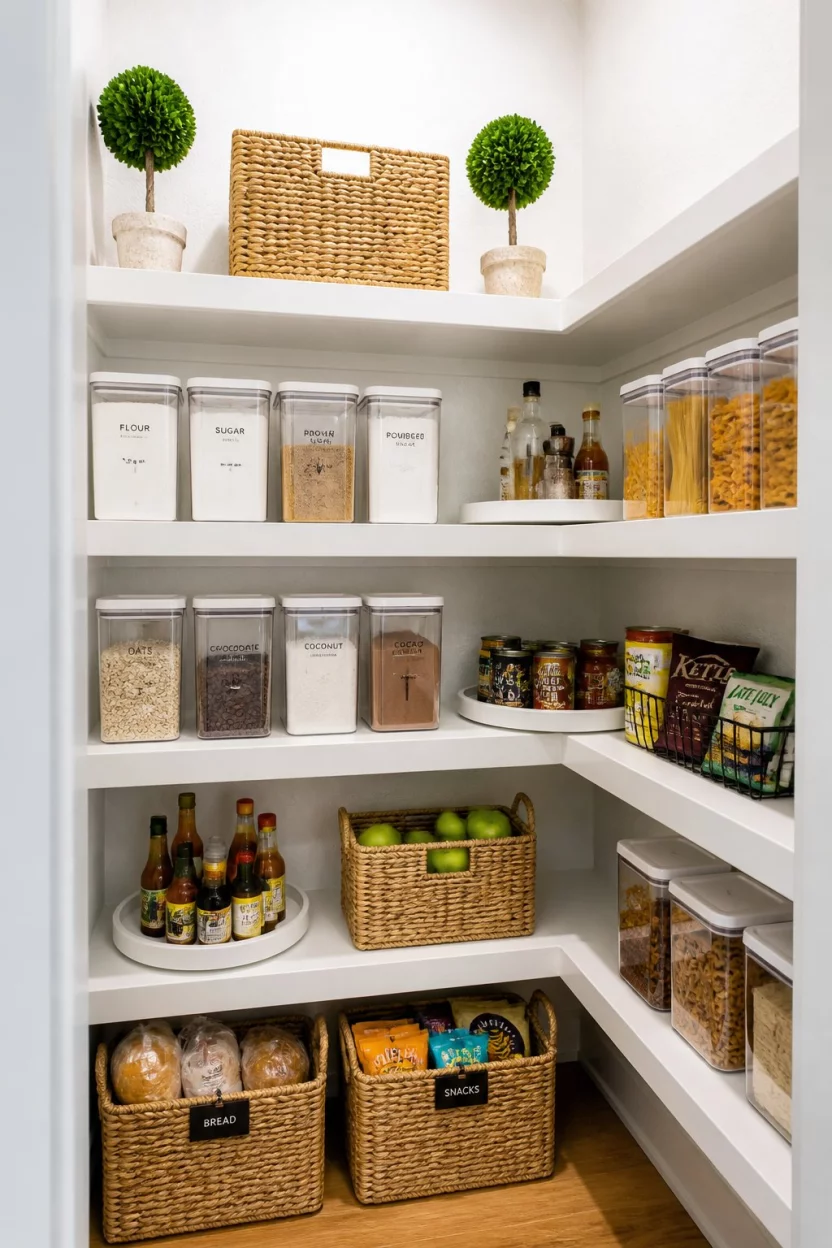 Brighten Your Pantry Corners With Luxe Decor A realistic photo of a luxury corner pantry with white textured walls and bright lighting, featuring clear bins for baking ingredients, items on rotating trays, and two small green topiaries for a decorative touch.