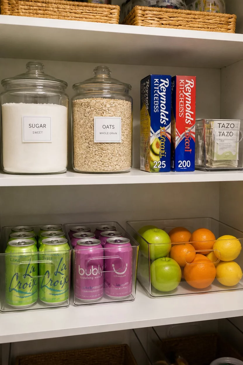 Organize Your Sugars And Oats In Glass Jars A realistic photo of a pantry shelf holding large glass jars with labels for sugar and oats, alongside boxes of foil and plastic wrap, while clear plastic bins below hold sparkling water cans and different fruits.