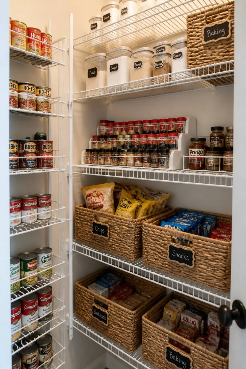 Maximize Wire Shelves With Vertical Racks A realistic photo of a wire shelving pantry setup featuring vertical racks for organizing canned goods, spice jars on tiered steps, and labeled woven baskets filled with bags of chips and miscellaneous snacks under bright overhead lighting.