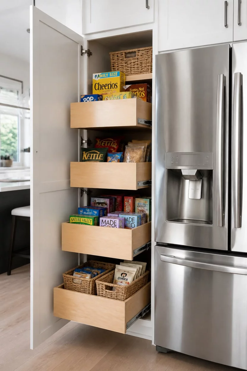 Upgrade To Pull Out Wooden Shelving A realistic photo of a tall white kitchen pantry with wooden pull-out drawers fully extended to reveal boxes of cereal, snacks, and organized woven baskets, positioned right next to a modern stainless steel refrigerator in a bright contemporary kitchen setting.
