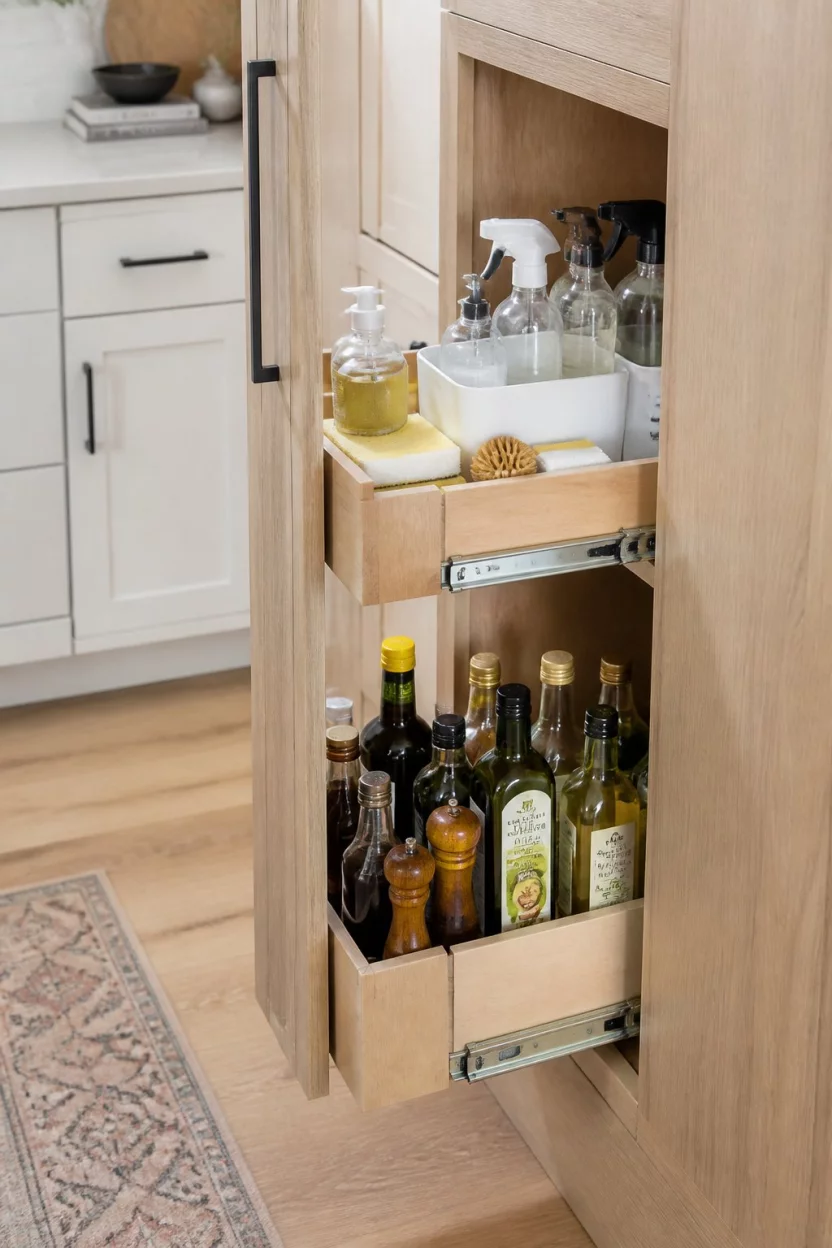 Organize Cleaning Supplies In Pull Out Drawers A realistic photo of a light wood pantry cabinet with pull-out drawers revealing cleaning supplies and sponges in the top section and neatly arranged bottles of oil and condiments in the bottom section.