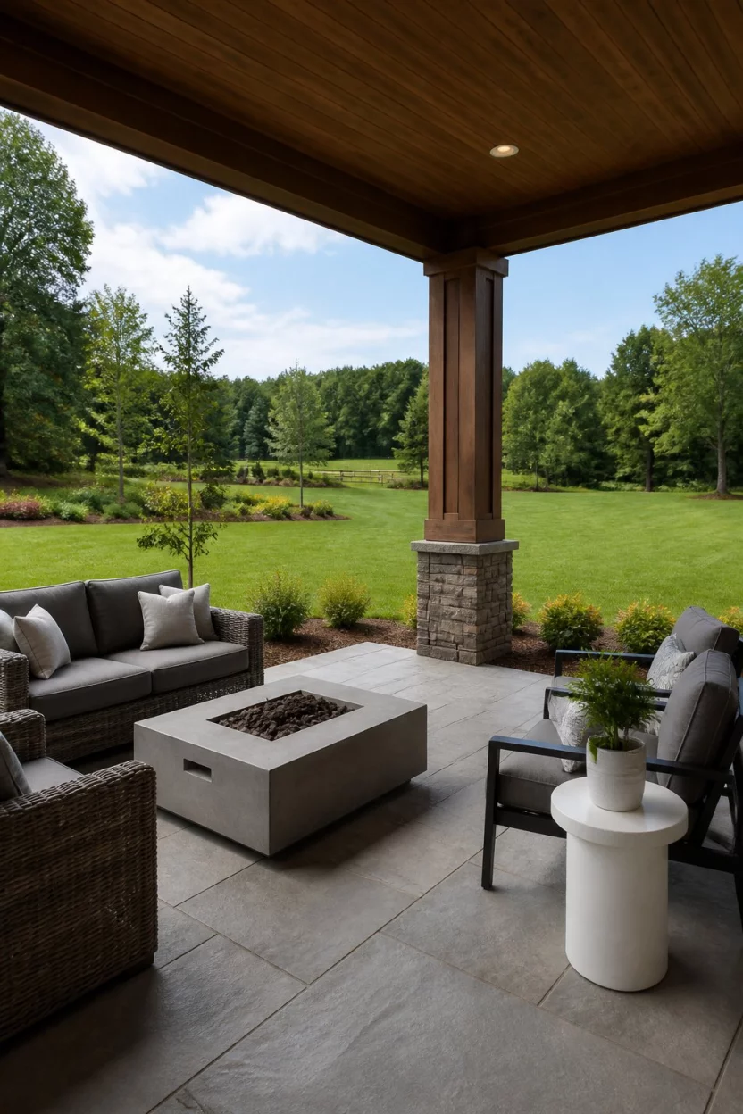Shaded Comfort Overlooking The Lawn A realistic photo of a shaded patio area with brown wicker and modern grey outdoor furniture, providing a comfortable seating arrangement overlooking a vast green manicured lawn.