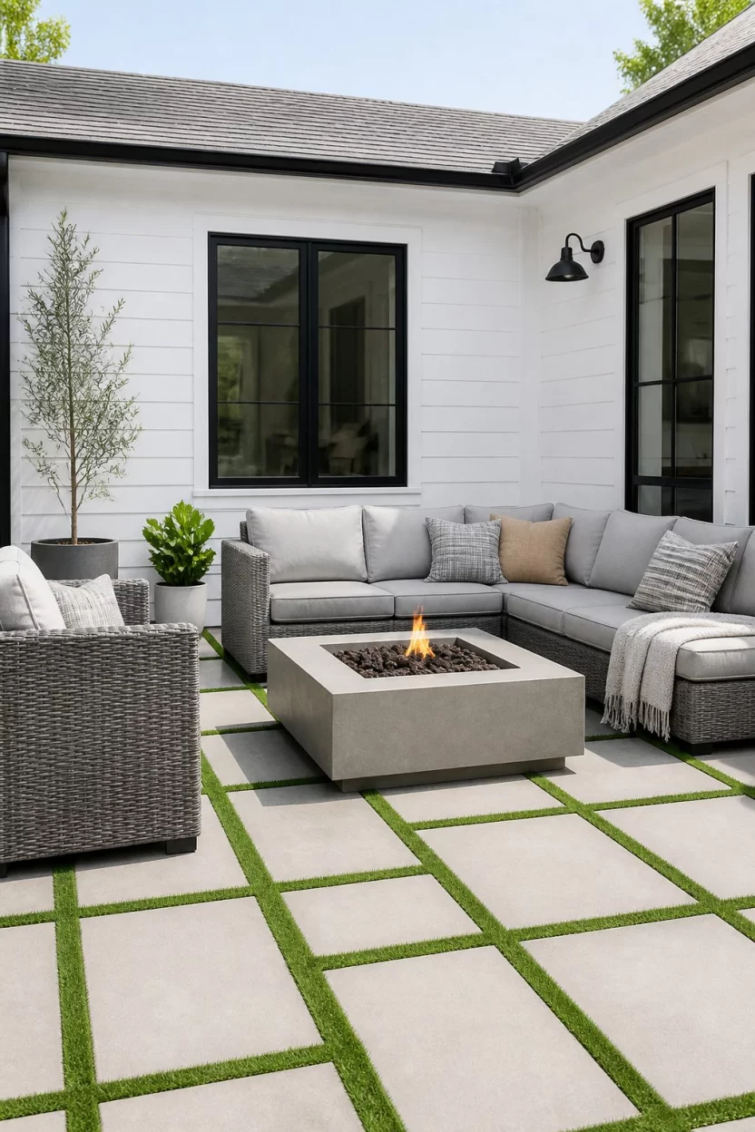 Crisp Shiplap And Geometric Pavers A realistic photo of a clean modern patio featuring white shiplap siding, light gray outdoor furniture, and geometric concrete pavers separated by thin strips of green artificial turf under bright daylight.