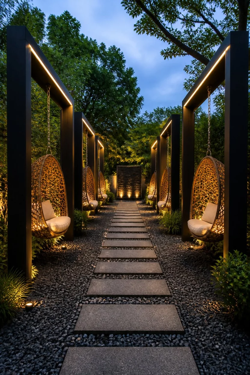 Sophisticated Swing Path A realistic photo of a dramatic garden pathway featuring symmetrical black vertical frames with illuminated hanging egg chairs, centered by a path of gray stepping stones and dark charcoal gravel.
