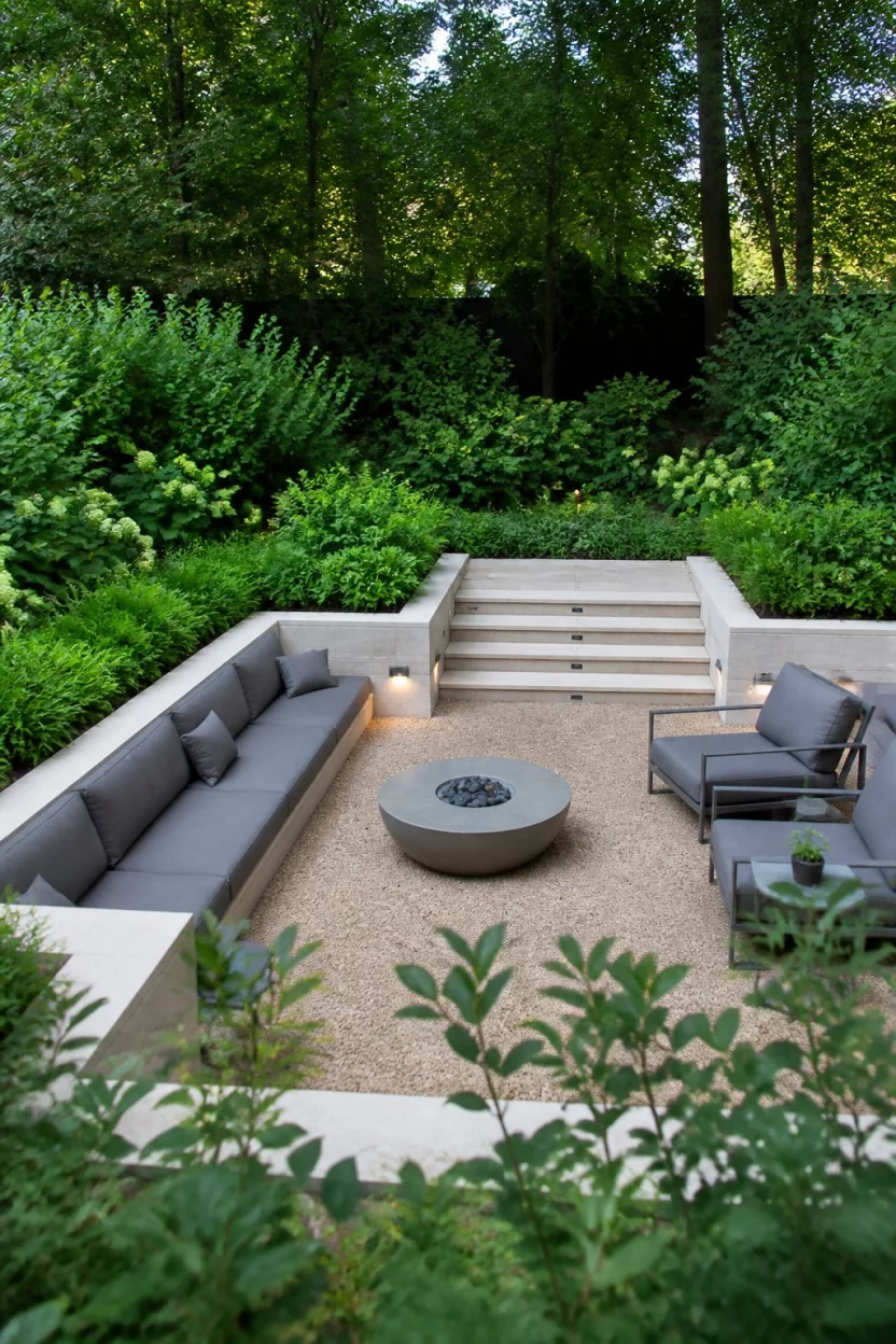 Sunken Seating For Deep Relaxation A realistic photo of a sunken modern outdoor living area constructed with light beige block walls, featuring tan gravel flooring, minimalist gray furniture, and surrounded by dense green foliage.