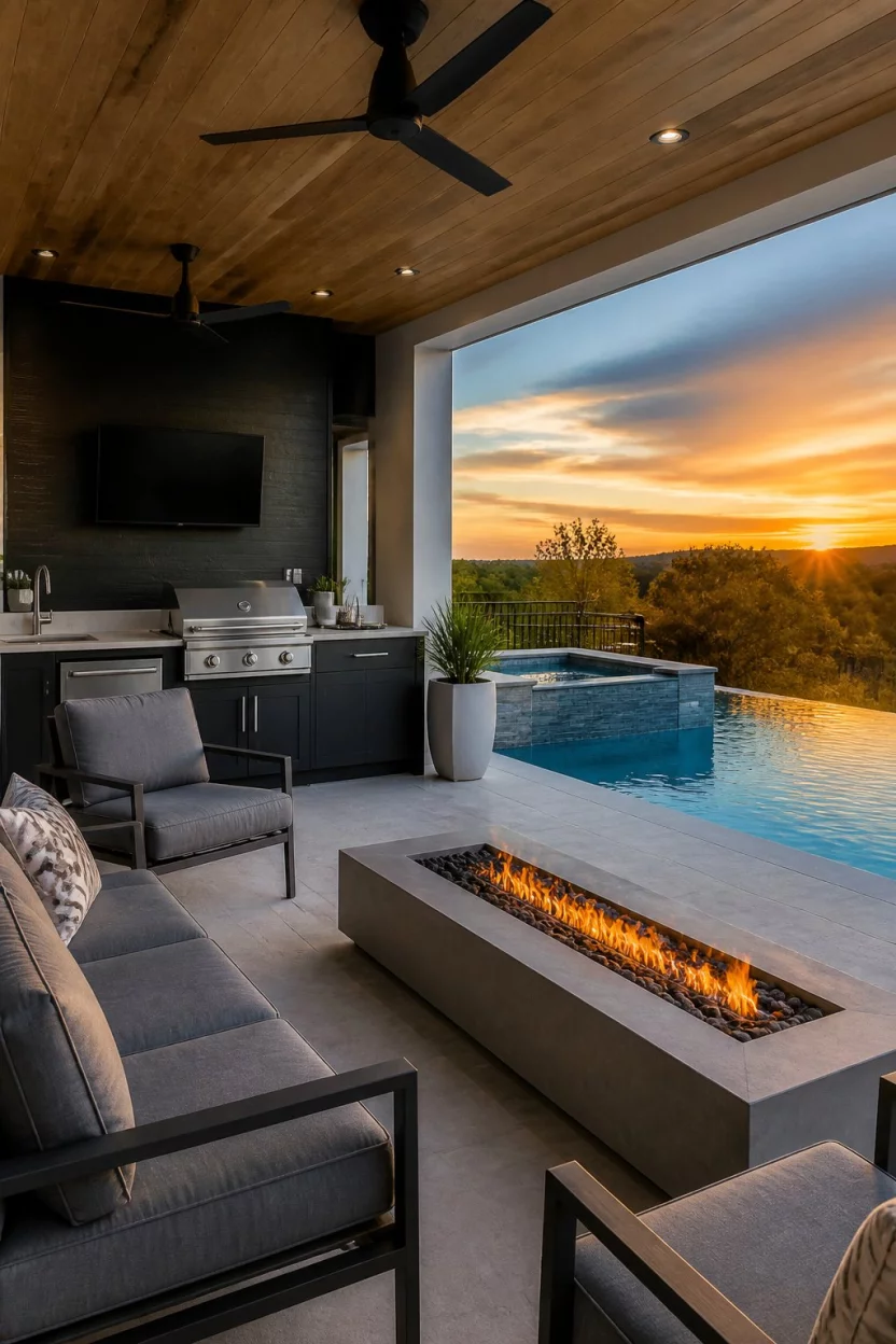 The Complete Lanai Experience A realistic photo of a covered outdoor patio featuring a black outdoor kitchen, gray comfortable seating, and a long linear fire pit overlooking a blue swimming pool at sunset.