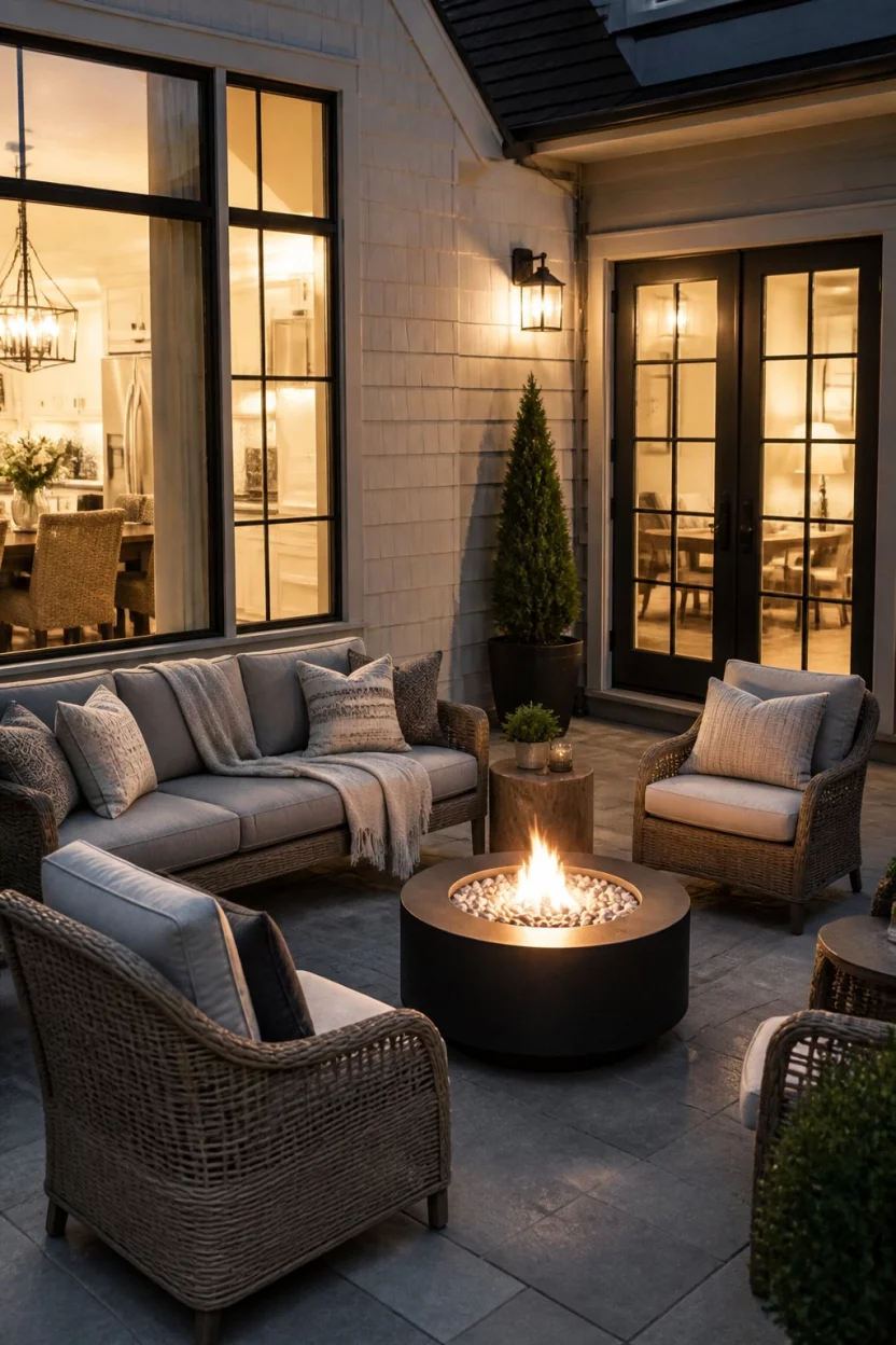 Merging Indoor And Outdoor Worlds A realistic photo of an inviting outdoor space beside a brightly lit interior glass door, featuring tan wicker and gray modern seating around a low black fire pit with light colored stones.