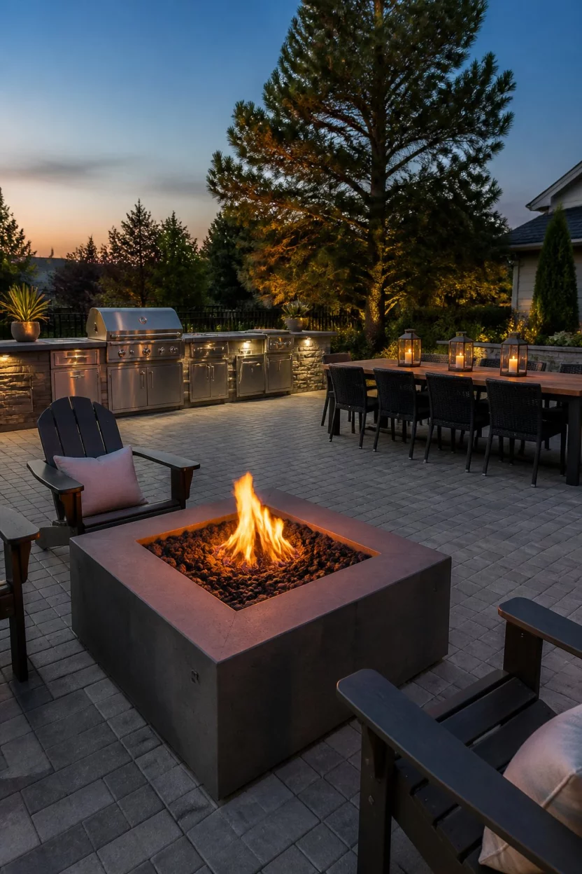 Mastering The Grilling Station A realistic photo of an expansive backyard area with a large stainless steel grilling station, a long wood dining area, and a stylish square concrete fire pit set on gray stone pavers at dusk.