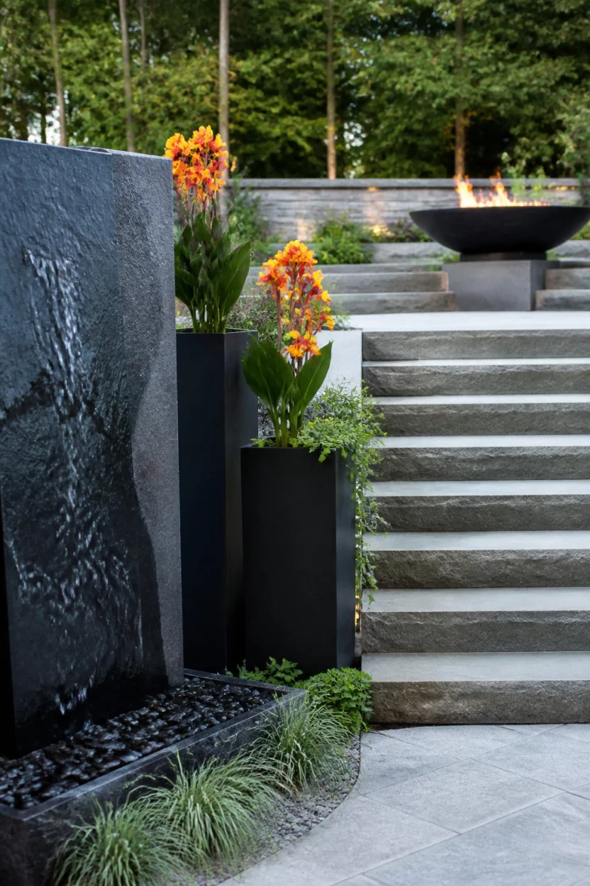 Triad Of Modern Textures A realistic photo of three modern garden elements: a vertical slate water feature, tall black metal planters with orange flowers, and stone steps leading up to an outdoor fire bowl.