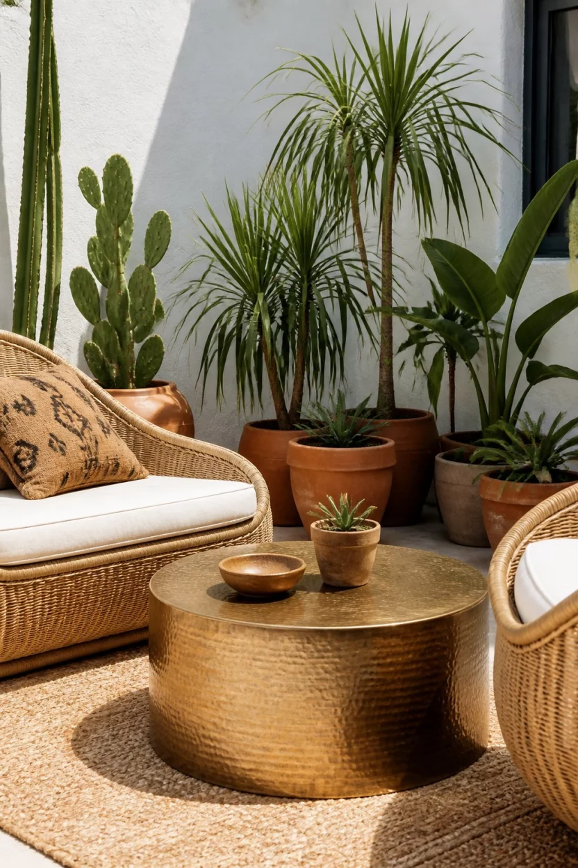 Bohemian Vibes And Brass Tones A realistic photo of a bright bohemian style outdoor nook with tan wicker furniture, a hammered brass coffee table, and many green potted cacti and tropical plants against a white wall.