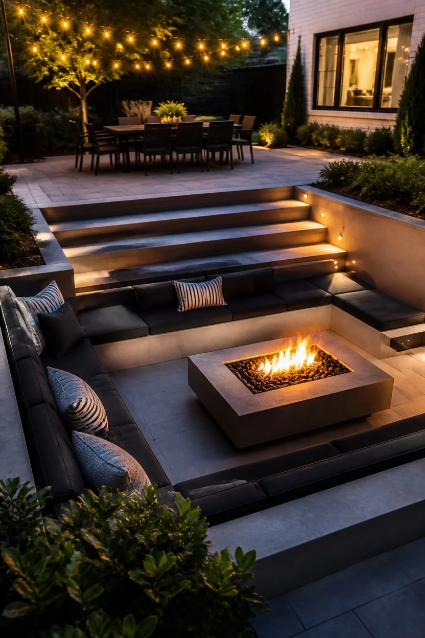 Multi Level Magic And String Lights A realistic photo of a multi level backyard patio with a sunken conversation pit featuring a modern square fire pit and charcoal sectional seating, with warm string lights hanging above a separate dining area.