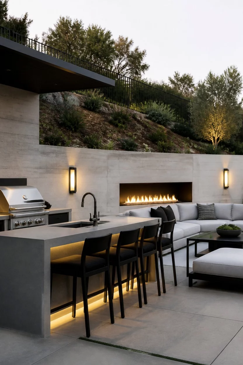 The Ultimate Built In Entertainment Hub A realistic photo of a modern outdoor living space featuring a gray built in bar kitchen, a long linear gas fireplace, and a light gray sectional seating area against a smooth concrete retaining wall.