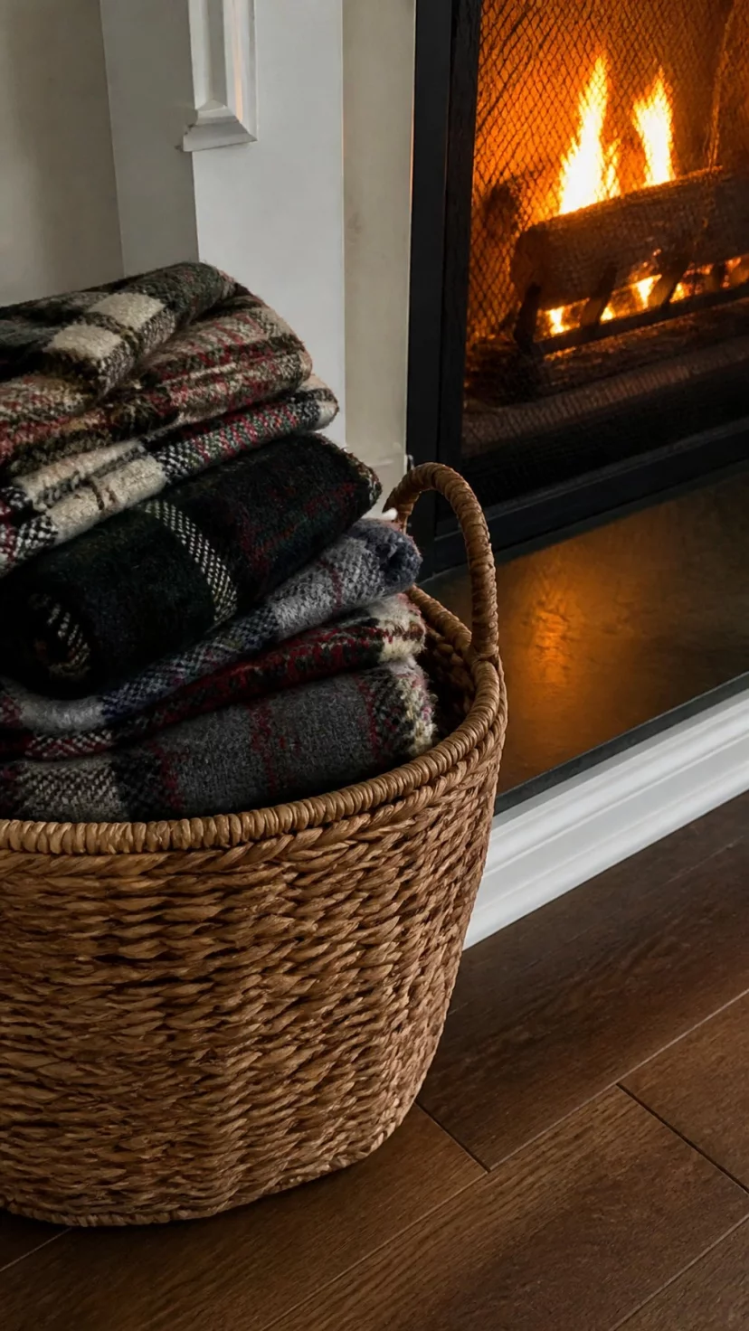 A super-realistic photo of a large woven seagrass basket tucked next to a fireplace, the basket is overflowing with neatly folded plaid blankets in dark colors, the fire casts a flickering orange light, everyday social media post aesthetic, photorealistic, high-quality mobile photography, shot on an iPhone 14