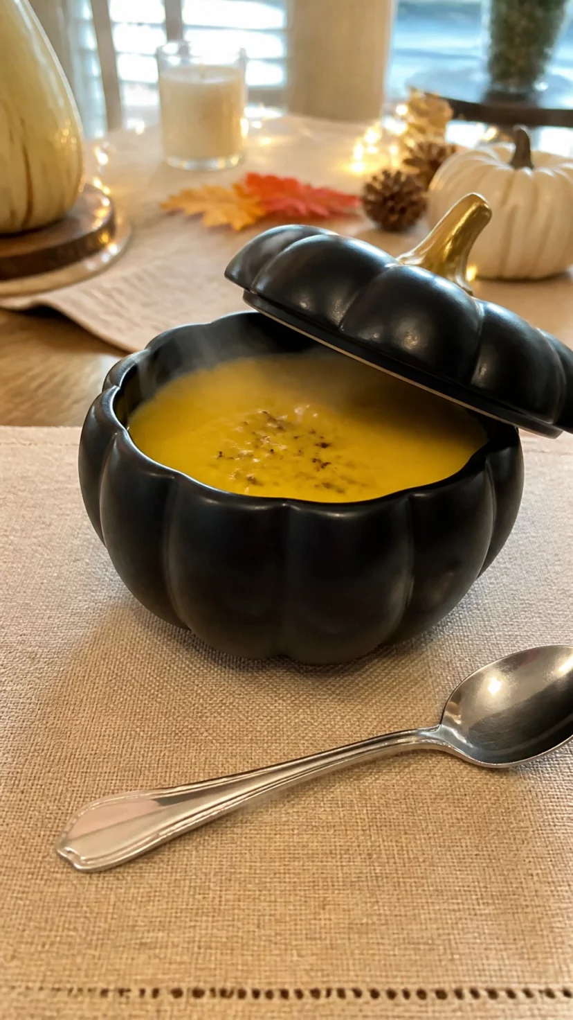 A super-realistic photo of a matte black ceramic bowl shaped like a pumpkin sitting on a dining table, the lid is slightly ajar to reveal steaming squash soup inside, a silver spoon rests nearby, everyday social media post aesthetic, photorealistic, high-quality mobile photography, shot on an iPhone 14