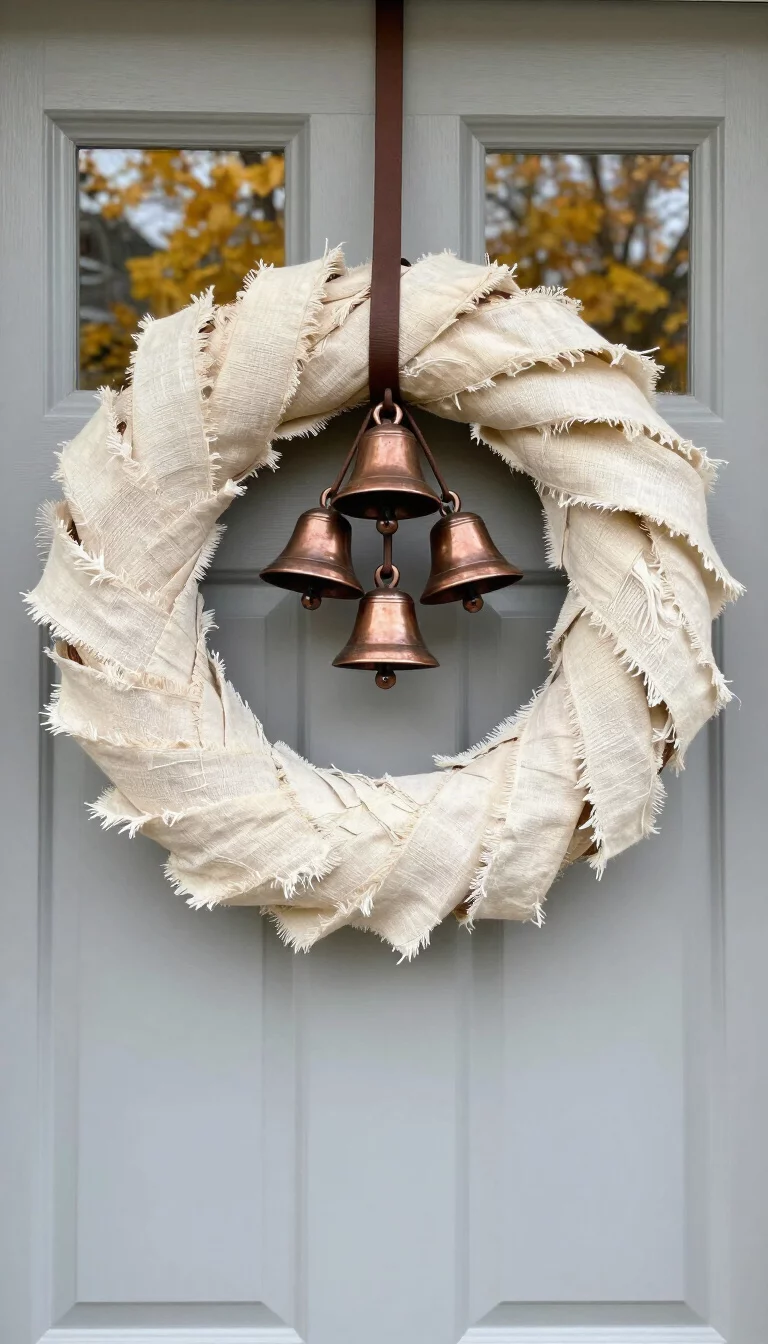 A super-realistic photo of a light grey front door featuring a modern wreath made of frayed cream linen fabric strips, three small weathered copper bells hang from the center by a leather cord, crisp fall air and blurred yellow trees appear in the background, everyday social media post aesthetic, photorealistic, high-quality mobile photography, shot on an iPhone 14