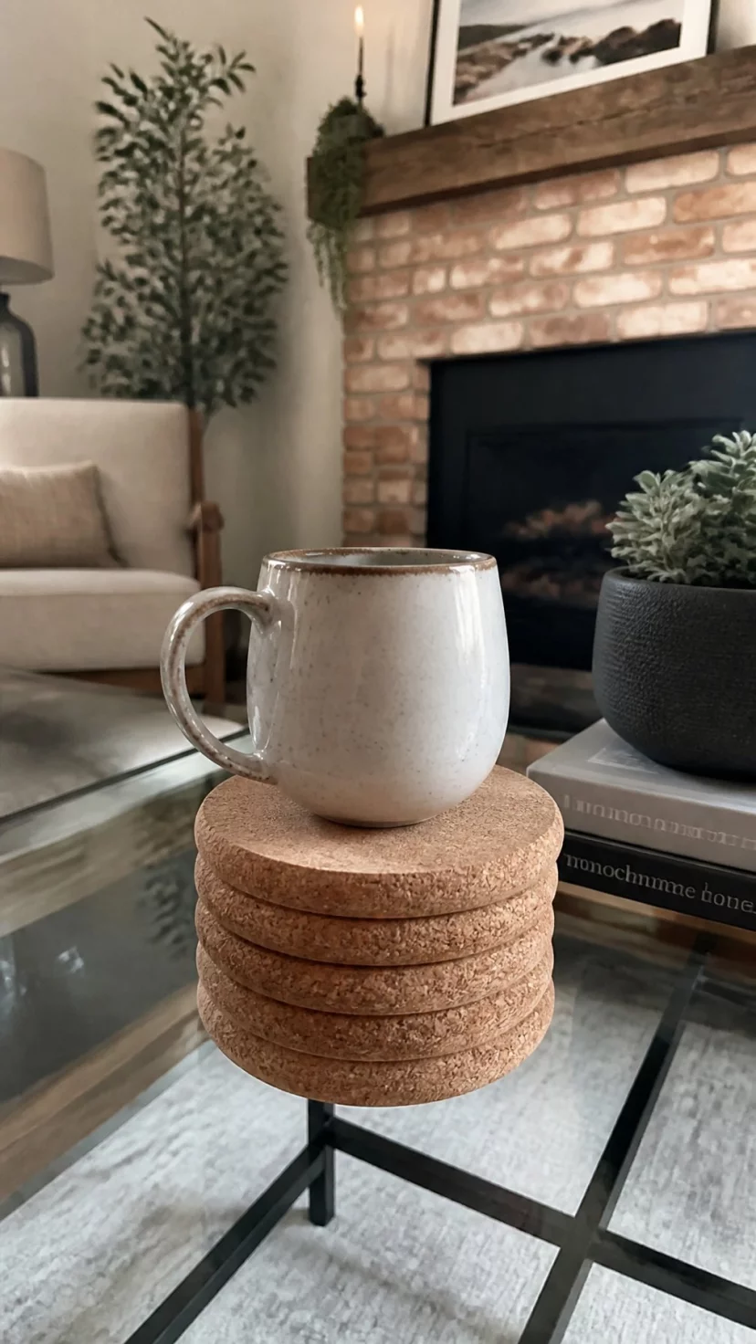 A super-realistic photo of a stack of thick round cork coasters on a glass coffee table, a ceramic mug sits on the top coaster, the background shows a cozy living room with a brick fireplace, everyday social media post aesthetic, photorealistic, high-quality mobile photography, shot on an iPhone 14