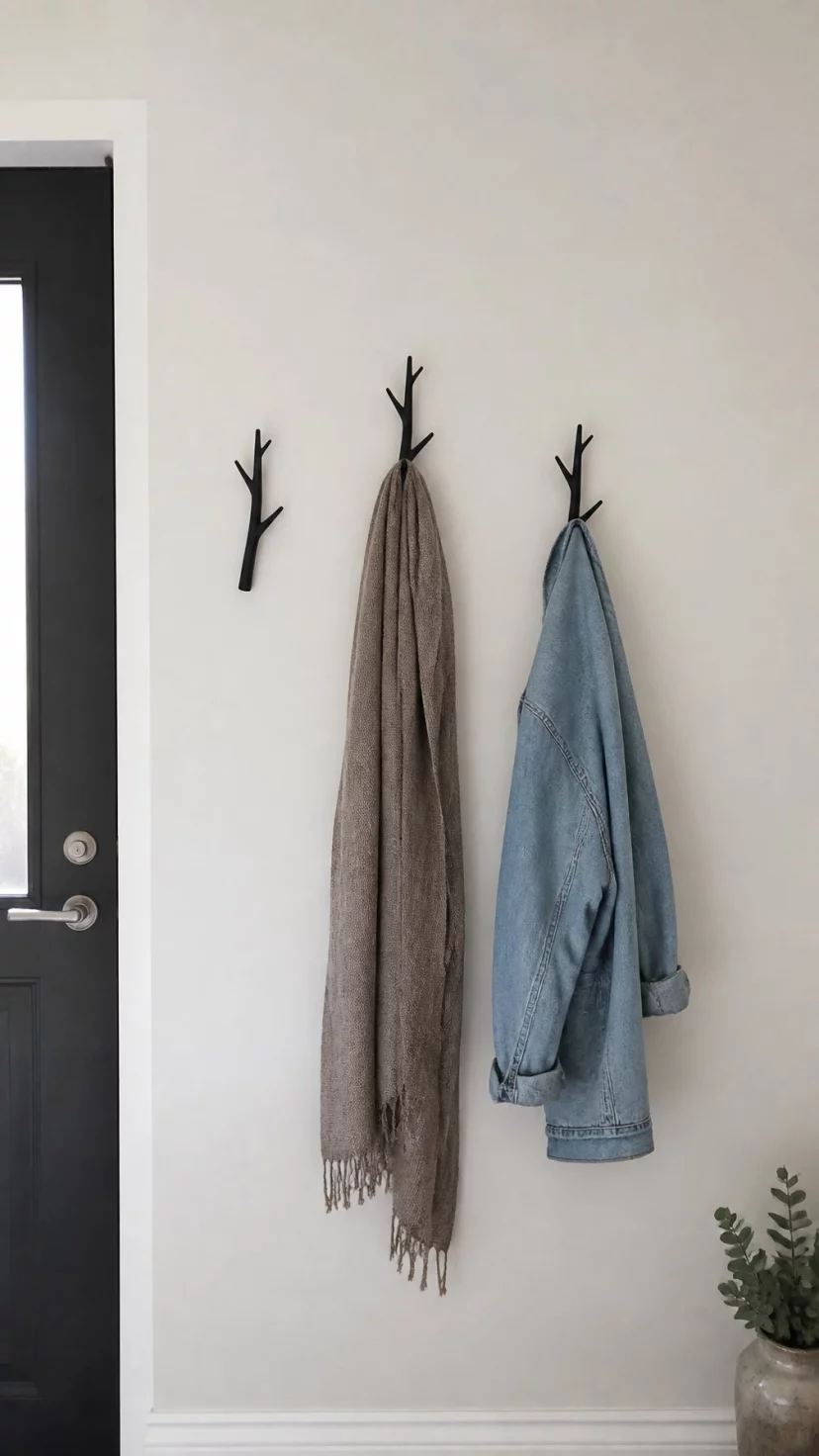 A super-realistic photo of a white wall in an entryway with three black iron hooks shaped like bare tree branches, a scarf and a light jacket hang from the hooks, the style is minimalist and industrial, everyday social media post aesthetic, photorealistic, high-quality mobile photography, shot on an iPhone 14