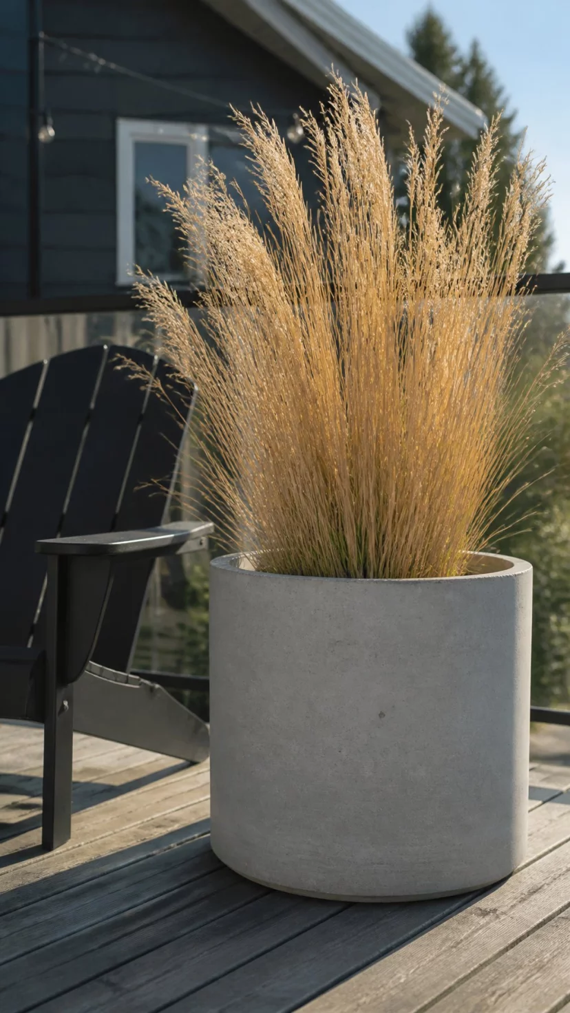 A super-realistic photo of a modern concrete planter on a wooden deck, the planter is filled with tall wispy ornamental grass that has turned a golden tan color, a black outdoor chair sits nearby, everyday social media post aesthetic, photorealistic, high-quality mobile photography, shot on an iPhone 14